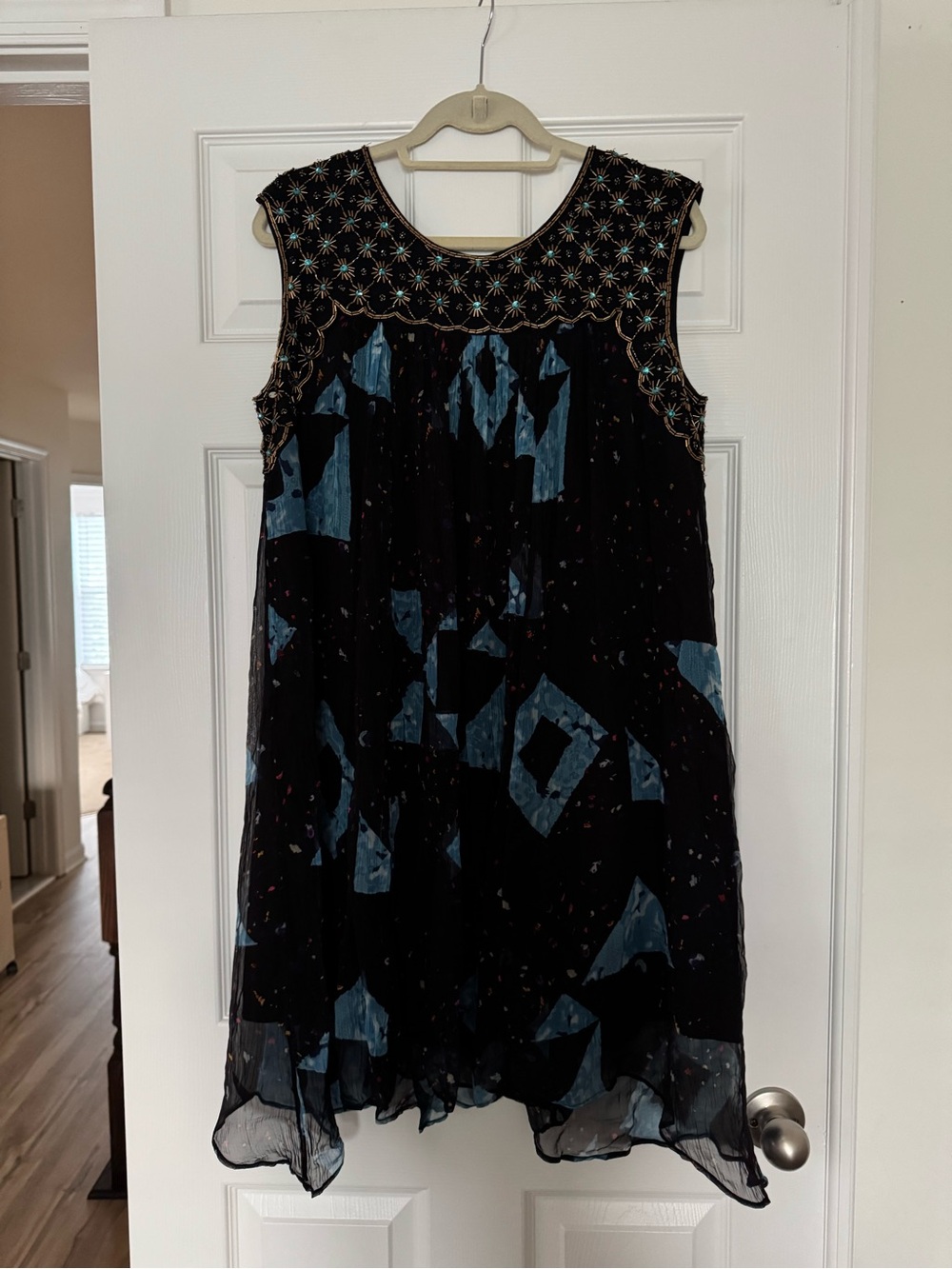 Moulinette Soeurs Black Dress with Blue Geometric and Gold Accents